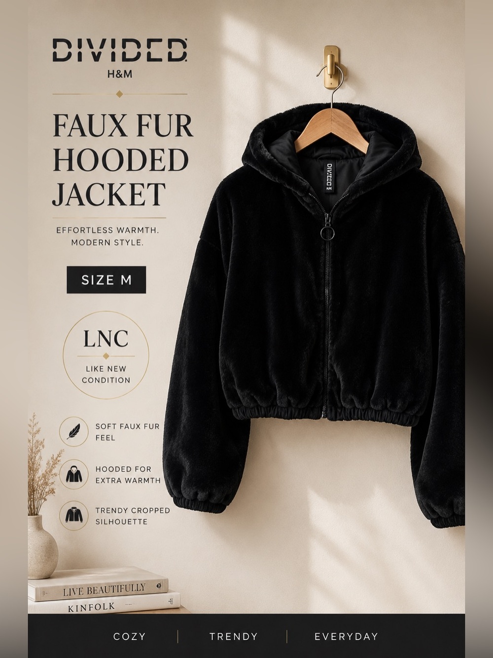 H&M Divided Reversible Faux Fur Hooded Jacket Black Cropped Zip Front Size M